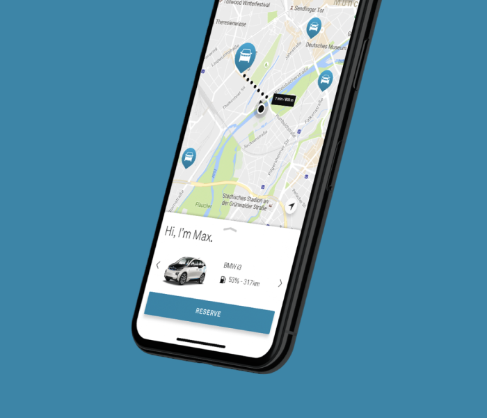 Share Now map view with BMW i3 vehicle panel and Hi I'm Max greeting