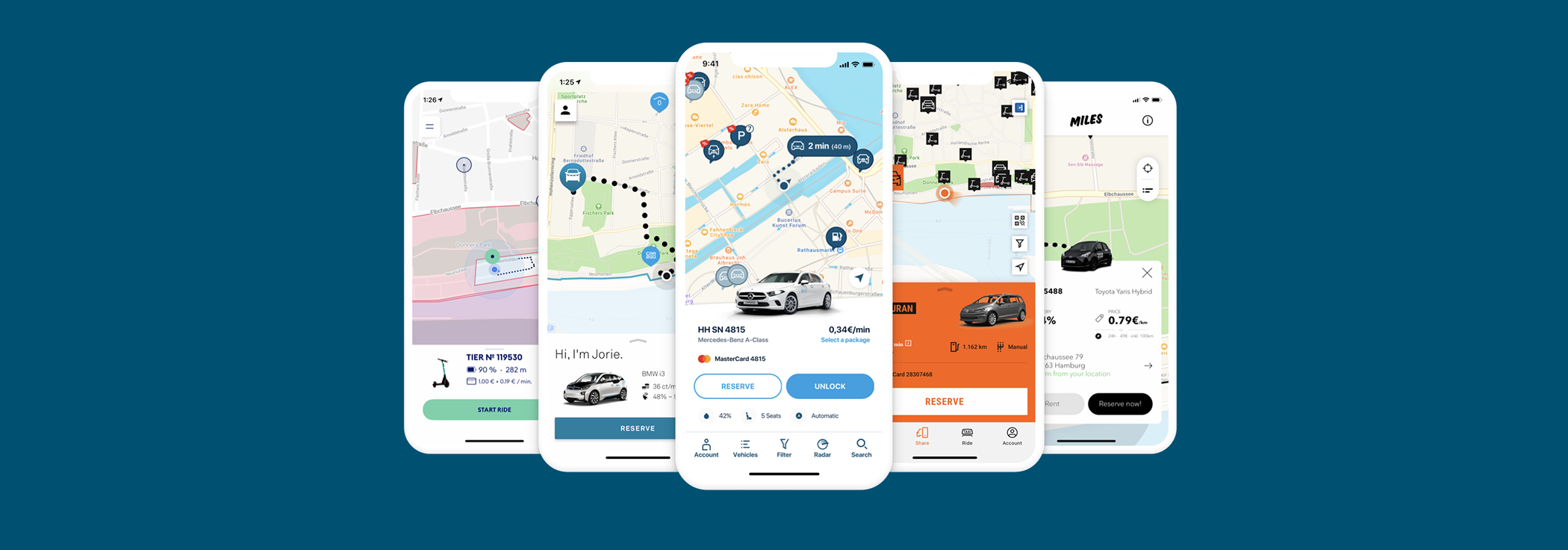 Fan of five sharing-app screens on dark blue — TIER scooter, DriveNow BMW i3 Hi I'm Jorie, Share Now Mercedes A-Class in the centre, Sixt VW Touran and Miles Toyota Yaris — all using the same vehicle-panel pattern