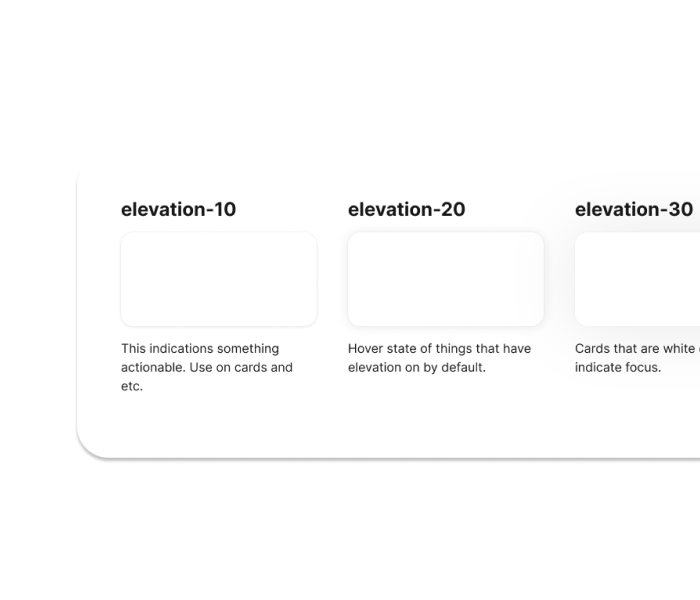Syntax elevation tokens — elevation-10, elevation-20 and elevation-30 card examples with descriptions