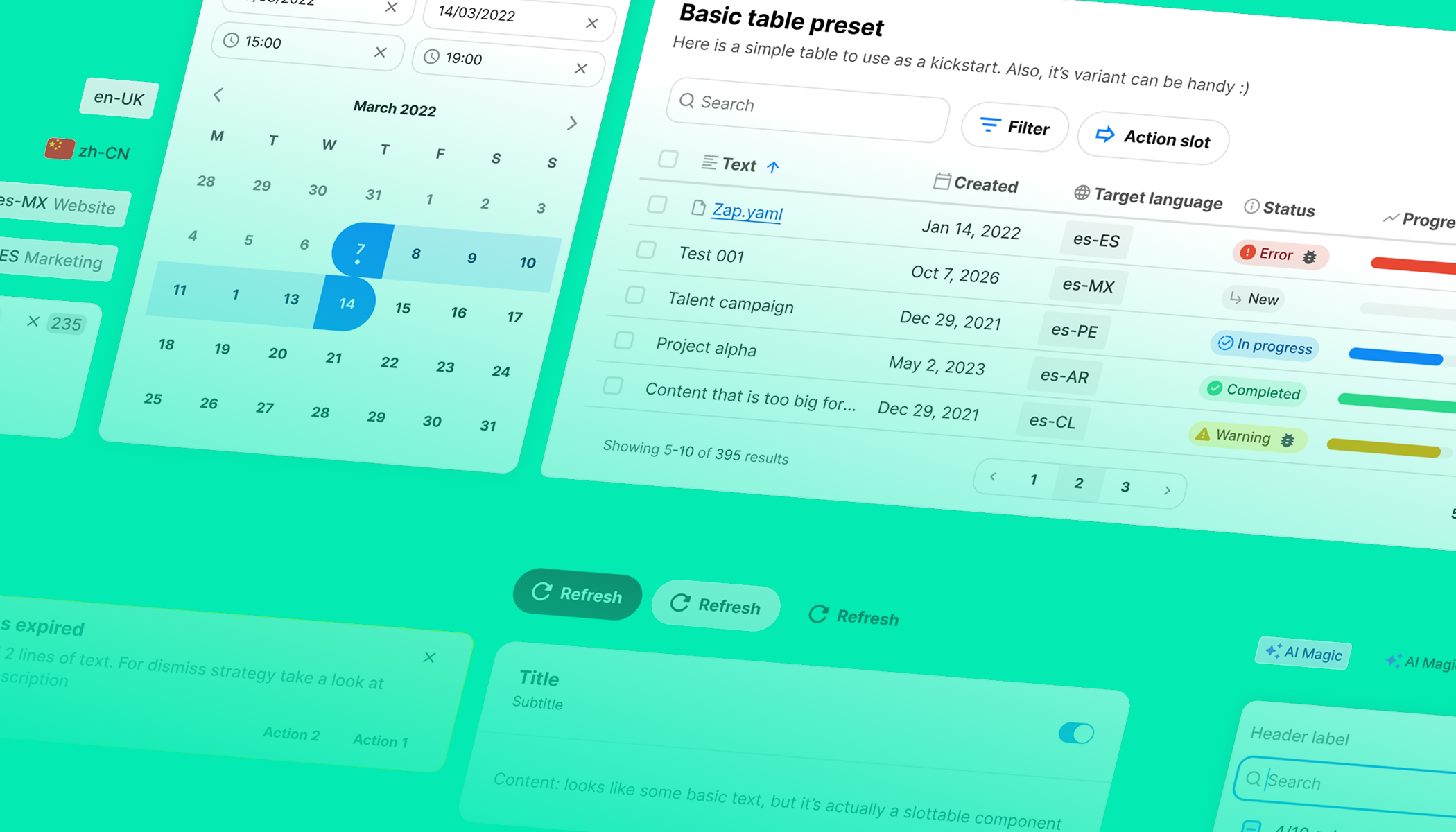 Tilted composition of Syntax components on green — calendar with a date-range selection, basic table preset with search and filter, refresh buttons in three states, toast notification, AI Magic tags and language chips
