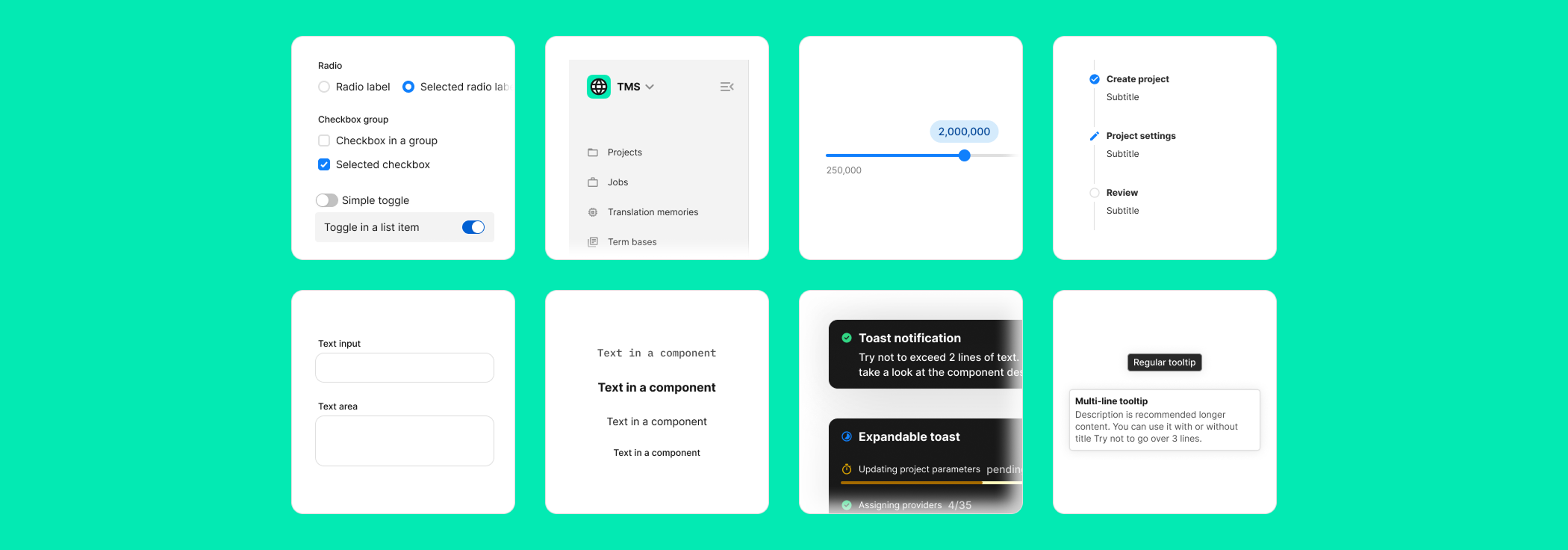 Eight-tile Syntax component overview — radio and checkbox controls, TMS navigation, range slider, step wizard, text input and area, typography scales, toast notifications and tooltip variants