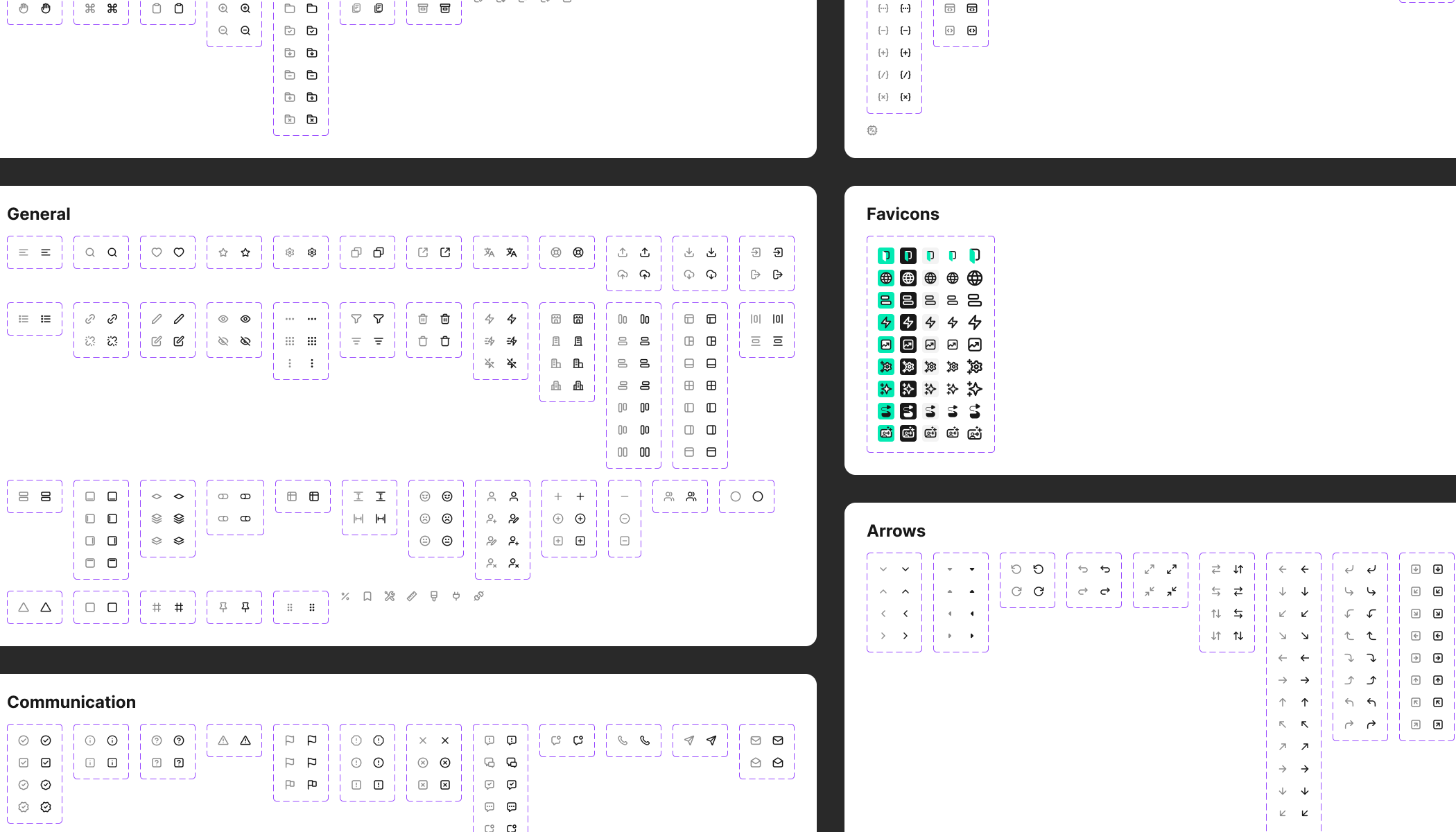 Syntax icon library organised into categories — General, Favicons, Arrows and Communication — with Syntax-green highlights on active items